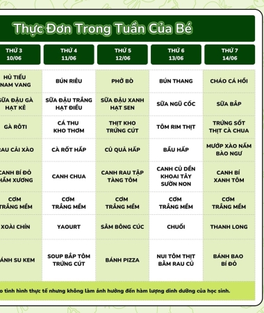 🥗 Góc Dinh Dưỡng – Thực Đơn Hằng Tuần Cho Bé Tại Hoa Kơ Nia