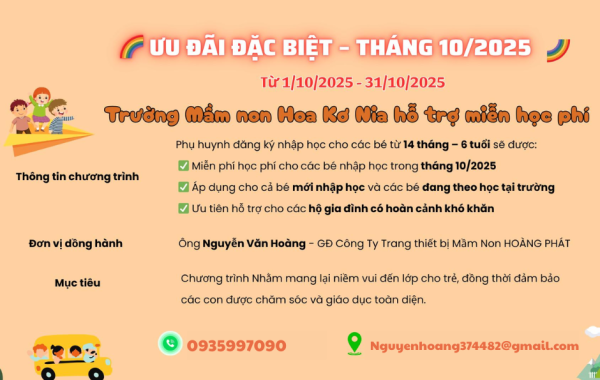 Cơ sở giáo dục Mầm non Hoa Kơ Nia triển khai chương trình hỗ trợ miễn học phí tháng 10/2025